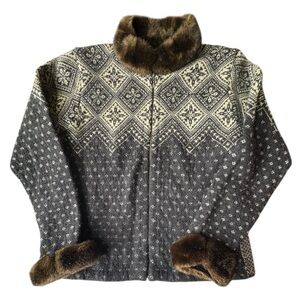 Vintage Ralph Lauren Wool Fair Isle Zip Jacket Faux Fur Trim L